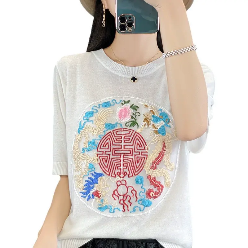 embroidery national style new Chinese knitted short sleeve female round neck color blouse loose half sleeve T-shirt