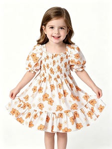 Vestido A26-4 Personalizado de Bambú/Algodón para Niñas, Corte en A, Largo hasta la Rodilla, Cuerpo Fruncido, Mangas Cortas Tipo Linterna con Volantes y Pétalos, para Bebés y Niñas Pequeñas - Product Image 1
