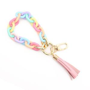 Klobige Acryl-Ketten-Armband-Schlüsselanhänger, <span class=keywords><strong>Tortie</strong></span>-Link-Armband, Schlüsselkette, bunter Ketten-Armreif, Leder-Quasten-Schlüsselring - Product Image 6