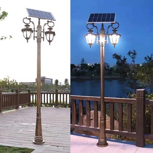 <b>Solar</b> Powered Garden <b>Light</b> <b>Post</b> Dual Glass Shades 2700K Warm White LED Bronze Finish IP66 Motion Sensor Iron Construction - Product Image 2