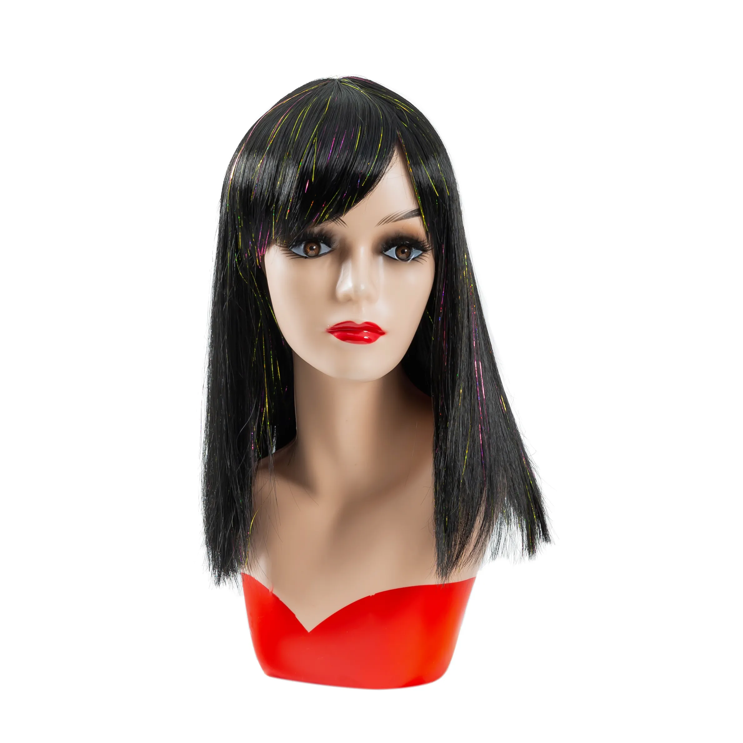 Anxin Wholesale medium length synthetic Bob straight black Halloween tinsel wigs