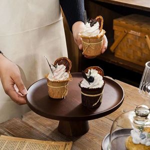 Japanese Style Acacia Wood Cake Stand Round Dark <b>Brown</b> Two Tier Dessert Display Tray For Home Coffee Tea Serving - Product Image 2
