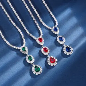 Thời trang sang trọng Emerald Sapphire Ruby Water Drop dài mặt dây chuyền Zircon Tennis Vòng cổ cho phụ nữ engagement Wedding party trang sức