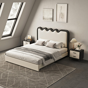 <span class=keywords><strong>Ten</strong></span> Tiger Modern 1.8 Lit Double Soft French Cream Leather Cadre en bois Internet Red Wind Ripple Up-Holstered Bed for Master - Product Image 1