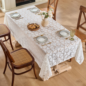 White Rectangle Tablecloth with Floral Embroidered Lace Overlay Vintage Banquet Printed Striped <strong>Paper</strong> <strong>Table</strong> <strong>Cover</strong> - Product Image 2