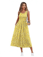 Nouvelle robe d'été sans manches avec poches, robe midi à imprimé floral pour femmes, vacances à la plage