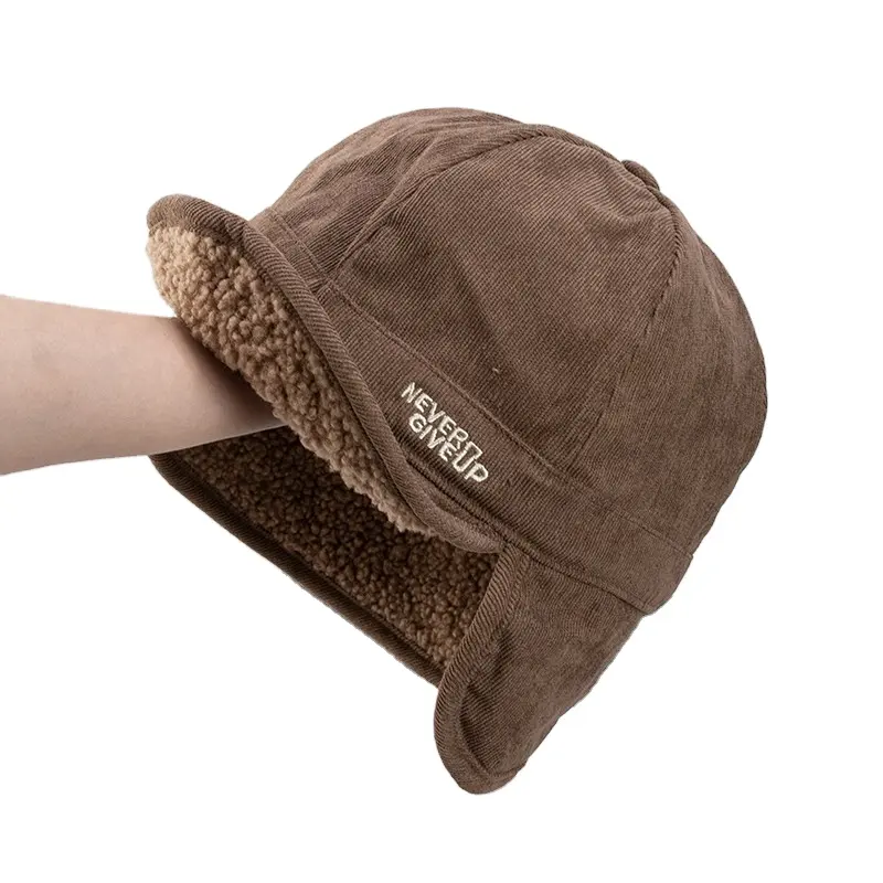 Vendita calda velluto a coste foderato di cotone Trapper inverno con visiera e patta cappello caldo per gli uomini e le donne all'aperto con ricamo Logo