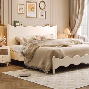 French Style <b>Solid</b> <b>Wood</b> Double Bed Frame 1.5M Wave Shape Platform Bed For Bedroom - Product Image 1