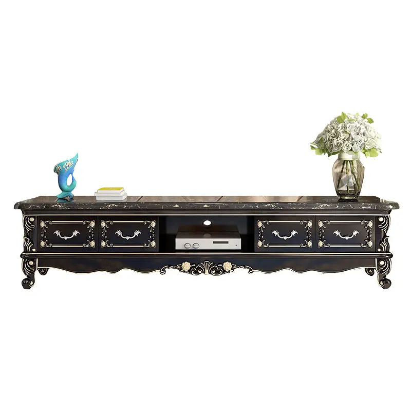 European Luxury Solid Wood TV Cabinet Set Marble Top Ebony Paint Carved 6 Drawers for Living Room Bathroom or Villa