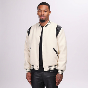 <b>Men's</b> <b>Cream</b> Varsity <b>Jacket</b> With Black Leather Shoulders Turn-down Collar Button Closure Casual Autumn Wear - Product Image 1