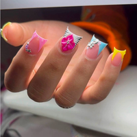 Faux ongles à presser faits main, motif fleur rose 3D, décorations en strass, motif étoile et inscription 'I Love Me', en acrylique, couvrance totale, forme carrée, mignons