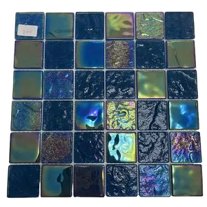 Venta caliente de alta calidad azulejo de mosaico de vidrio iridiscente mar azul onda mosaico vidrio piscina azulejo