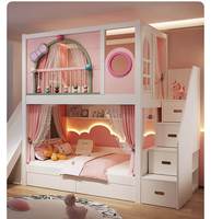 Lit superposé en bois massif pour chambre de filles, mobilier tendance et durable avec toboggan, escalier, armoire et double tiroir de rangement