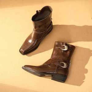 Y25255 Ankle <b>Boots</b> Pointed Toe Square Heel Genuine Leather Buckle Fashion <b>Martin</b> <b>Boot</b> Women Autumn Winter Style - Product Image 2