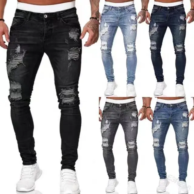 High Quality Factory Wholesale Pantalones Blue Jeans Zipper Ripped Skinny Stretch Denim Pants Slim Men's Jeans