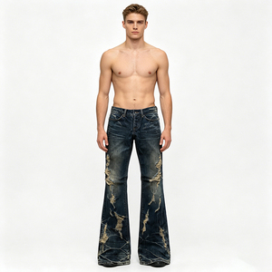 Jeans da Uomo Svasati Blu Scuro Lavato 2026 14oz Heavyweight Stile Y2K Streetwear con Effetto Usurato - Product Image 1