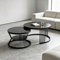 Ensemble de tables basses modernes à effet marbre noir, plateau en métal, table ronde pour le salon