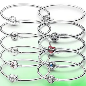 Plata de Ley 925 Moments Sparkling Mickeymouse Heart Broche Pulsera de cadena de serpientePan do ra bracelet DIY Char