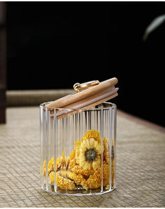 Pot scellé de nourriture à rayures verticales cylindriques de conservation fraîche avec couvercle en <span class=keywords><strong>bambou</strong></span> anneau de traction en métal couvercle plat pot de stockage en verre - Product Image 4