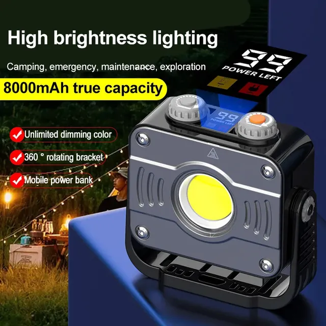 USB Rechargeable COB Work Light 8000mAh Portable Camping Lantern 1200 Lumens 360 Degree Stand Stepless Dimming for Yard