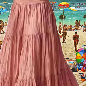 Women's Summer Line Maxi <b>Skirt</b> Casual Boho Style <b>Elastic</b> High Waist Comfortable Rayon Drawstring Long Plain Dyed A-Line Tassel - Product Image 2