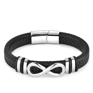 Brazalete de Cuero Genuino con Bucle Infinito de Acero Inoxidable Plateado Negro de Alta Calidad, Joyería para Hombre - Product Image 5
