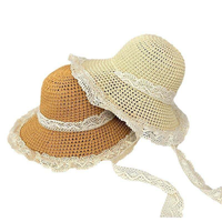 Sombrero de Sol de Rafia para Mujer con Borde Deshilachado y Correa de Encaje, Ajustable, para Playa y Verano