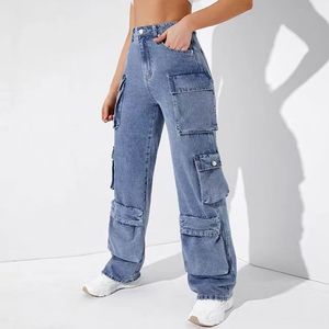 Pantalon décontracté taille haute classique à poches, coupe large, en <span class=keywords><strong>jean</strong></span> pour femme, style baggy boyfriend, pantalon <span class=keywords><strong>cargo</strong></span> en <span class=keywords><strong>jean</strong></span> pour femme - Product Image 4