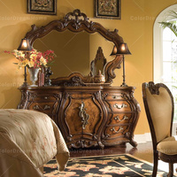 Meubles de chambre à coucher anciens haut de gamme Commode triple sculptée avec miroir Royal Commode de courtoisie à structure en bois massif