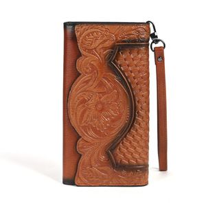 Ando Bag Vintage Floral <b>Embossed</b> Genuine Leather Long Wallet Trifold <b>Card</b> Holder with Wrist Strap - Product Image 2