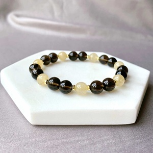 Bracelet en perles de quartz fumé rutilé citrine, pierre naturelle, acier inoxydable plaqué or 18 carats, étanche, tendance, unisexe, cadeau - Product Image 1