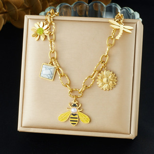 Gold Plated Stainless Steel Bee Sunflower Necklace Charms Daily Wear Gift Jewelry Insect Series N3818 - Product Image 1