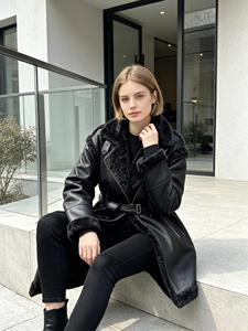 <span class=keywords><strong>Cappotto</strong></span> Invernale da Donna in Ecopelle PU <span class=keywords><strong>con</strong></span> Pelliccia Sintetica, <span class=keywords><strong>Nero</strong></span> <span class=keywords><strong>con</strong></span> Cintura, Lungo <span class=keywords><strong>con</strong></span> Bordo in Pelliccia, Caldo Abbigliamento Esterno - Product Image 6