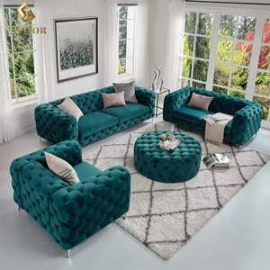 Sofá Chesterfield de Terciopelo Verde al por Mayor, Sofá Moderno de Lujo con Botones, Sofá de Tela y Cuero, Juego de Muebles para Sala de Estar - Product Image 1