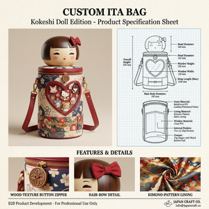 Sac Ita personnalisé Kawaii avec poupée Kokeshi, motif <span class=keywords><strong>kimono</strong></span> japonais, tissu texturé bois, bouton, fermeture éclair, étui de présentation pour épingles en forme de cœur - Product Image 1