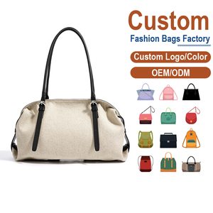 Bolso de hombro de lino y cuero beige con ribete negro |   Fabricación Personalizada OEM/ODM para Marcas de Moda y Estilo Coreano - Product Image 1