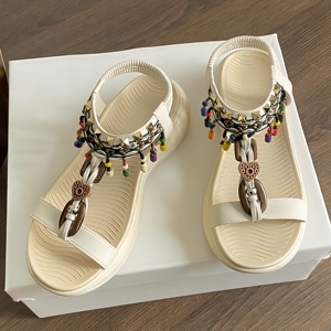 Sandales compensées confortables d'été pour femme, style bohème, à talon bas, ornées de strass et de perles, à bout ouvert, avec bride cheville et talon compensé - Product Image 3
