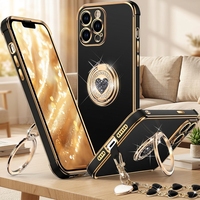 Étui en TPU XYZ pour 13 Pro Max avec béquille double anneau, motif cœur, luxe et brillant pour femmes et filles - Noir
