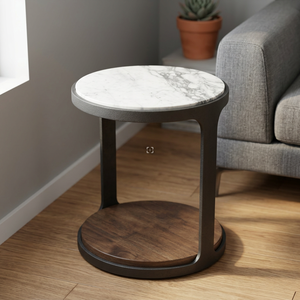 Table basse moderne avec plateau en marbre, étagère en bois et structure en métal, meubles de salon - Product Image 4