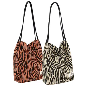 Zebra Print Cotton Shoulder Shopping Bag Design Long Handle Twill Cotton Natural Tote Shop Bag with Zebra Strip Pattern