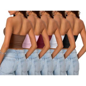 Lot de 5 hauts courts sans bretelles pour femmes, style bandeau, sans manches, dos nu, tenue d'été, en spandex et polyester tricoté respirant - Product Image 4