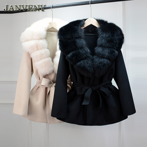 JANVENY 2024 Nouveau <span class=keywords><strong>Manteau</strong></span> d'Hiver pour <span class=keywords><strong>Femme</strong></span> en Vraie Fourrure de Renard Naturelle et Mélange de <span class=keywords><strong>Laine</strong></span>, Longueur Mi-longue Ceinturée Col Rabattu Ample en Cachemire - Product Image 1