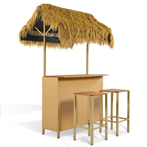 Hawaiian Style <b>Bar</b> Height Patio Set With Pe Grass Canopy Outdoor <b>Bar</b> Table And <b>Stools</b> <b>Adjustable</b> Feet Acacia Wood - Product Image 5