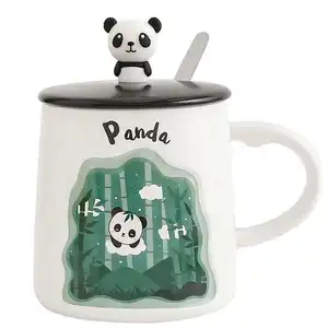 도매 참신 3D 동물 세라믹 만화 팬더 머그 뚜껑 숟가락과 학생 선물 커피 컵