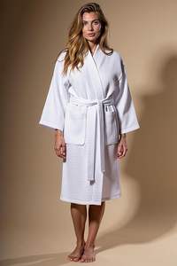 Peignoir Kimono Hôtelier Cinq Étoiles en Coton Satiné Épais 100% Blanc, Col à Cordon, Romantique, Uni, Absorbant, Séchage Rapide, Doux <span class=keywords><strong>et</strong></span> Luxueux, ODM - Product Image 6