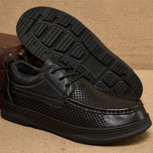 Chaussures de marche pour hommes en cuir véritable à lacets, bout rond, semelle en caoutchouc respirante, doublure en peau de porc, style décontracté d'été - Product Image 3