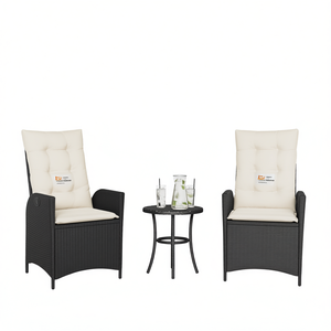 Chaises de patio inclinables en polyrotin noir avec coussins, ensemble de meubles de jardin modernes pour l'extérieur, pour une utilisation en arrière-cour - Product Image 1