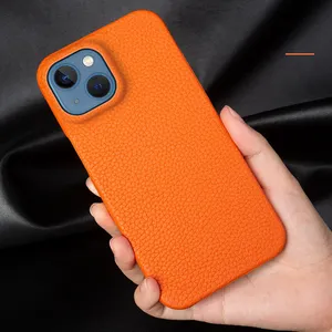 Cuero genuino de grano completo para iPhone 12 13 14 15 Pro Max funda con soporte Lychee Pebble patrón de cuero funda para teléfono móvil