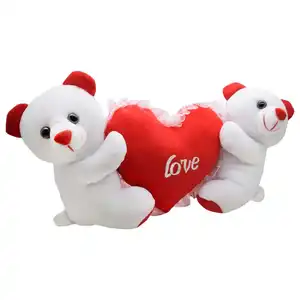 Wholesale Valentine wedding couple teddy bear holding red heart plush toy white teddy bear with embroidered red heart on chest