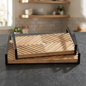 B.S INTERNATIONAL Kitchenware New Collection <b>Disposable</b> Handmade Metal Handle Polished Wooden Serving Trays <b>Platter</b>/Organizer - Product Image 1